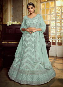 Beautiful Aqua Blue Wedding Lehenga Choli With Handwork Embroidery