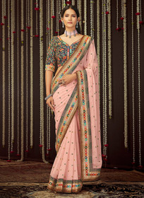 Beautiful Baby Pink Multi Embroidered Designer Georgette Saree