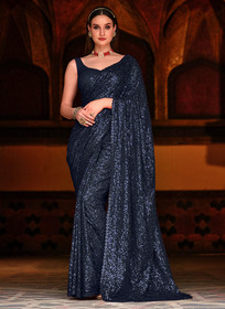 Beautiful Cobalt Blue Sequence Work Party Wear Saree