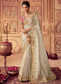 Beautiful Off White Golden Sequence Embroidered Wedding Saree