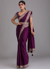 Beautiful Purple Sequence Embroidery Silk Saree With Belt