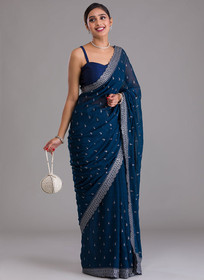 Beautiful Royal Blue Sequence Embroidery Chiffon Saree