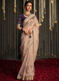 Beautiful Rose Gold And Purple Embroidered Organza Silk Saree