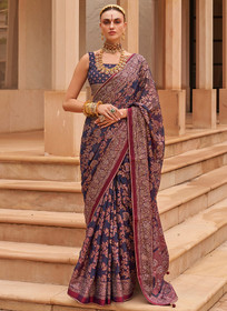 Beautiful Blue And Pink Crystal Stone Brasso Saree