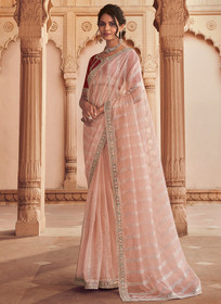 Beautiful Peach Two Tone Traditional Embroidery Organza Silk Saree