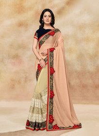 Beautiful Blue And Beige Embroidered Party Wear Saree