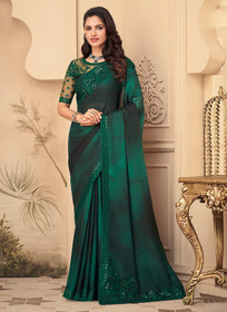Beautiful Dark Green Embroidered Party Wear Silk Saree
