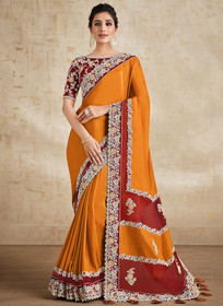Beautiful Orange And Red Embroidered Traditional Wedding Saree