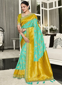 Beautiful Aqua Blue And Yellow Handwork Embroidery Silk Saree