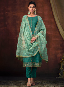 Beautiful Teal Blue Sequence Embroidery Pant Style Suit