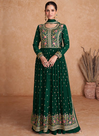 Beautiful Dark Green Sequence Embroidery High Slit Palazzo Suit