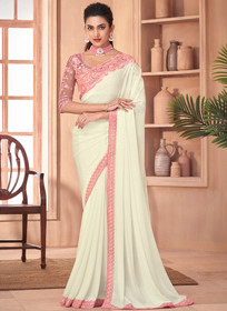 Beautiful Pearl White Sequence Embroidery Traditional Wedding Saree