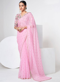 Beautiful Pink Embroidery Organza Silk Saree