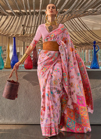 Beautiful Pale Pink Kashmiri Handloom Weaved Silk Saree