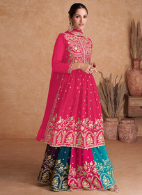 Beautiful Hot Pink Multi Embroidered Wedding Anarkali Lehenga Suit
