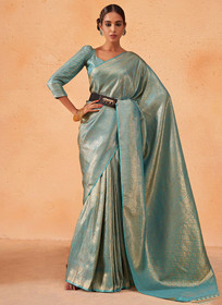 Beautiful Aqua Blue Brocade Detailed Kanjivaram Silk Saree