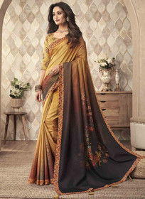 Beautiful Yellow And Brown Digital Floral Printed Silk Saree