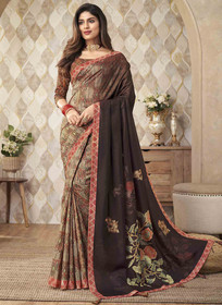 Beautiful Wine And Brown Digital Floral Printed Silk Saree