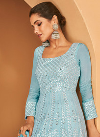 Beautiful Sky Blue Sequence Embroidery Wedding Anarkali Gown