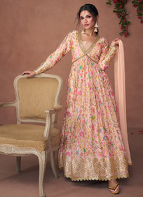 Beautiful Peach Multi Designer Embroidered Printed Anarkali Gown