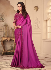 Beautiful Hot Pink Embroidered Party Wear Silk Saree