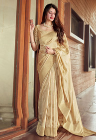 Beautiful Beige Golden Jacquard Silk Saree