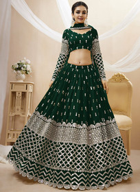 Beautiful Dark Green Mirror Work Embroidery Wedding Lehenga Choli