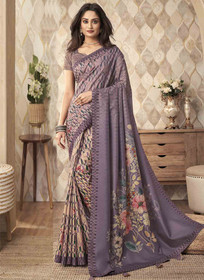 Beautiful Purple Two Tone Digital Floral Printed Silk Saree