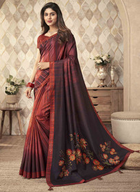 Beautiful Red And Brown Digital Floral Printed Silk Saree