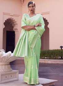 Beautiful Green Weaved Handloom Pure Linen Traditional Saree