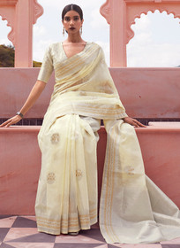 Beautiful Off White Weaved Handloom Pure Linen Traditional Saree