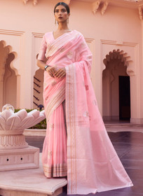 Beautiful Light Pink Weaved Handloom Pure Linen Traditional Saree