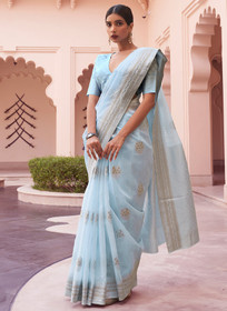 Beautiful Light Blue Weaved Handloom Pure Linen Traditional Saree