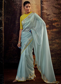 Beautiful Sky Blue And Yellow Embroidered Organza Silk Saree