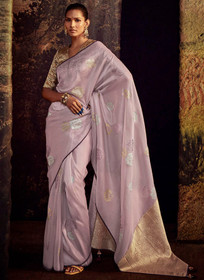 Beautiful Lavender Beige Embroidered Organza Silk Saree