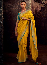 Beautiful Yellow And Turquoise Embroidered Organza Silk Saree