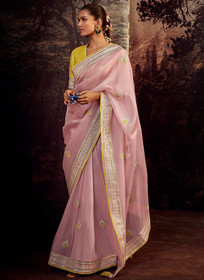 Beautiful Yellow And Pink Embroidered Organza Silk Saree