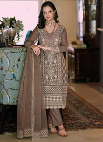 Beautiful Light Brown Multi Embroidery Wedding Pant Style Suit