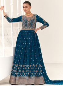 Beautiful Turquoise Traditional Embroidery Anarkali Gown