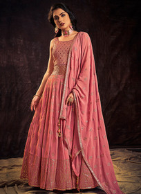 Beautiful Rich Pink Mirror Work Embroidery Anarkali Gown