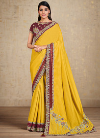 Beautiful Yellow And Maroon Embroidered Traditional Wedding Saree43