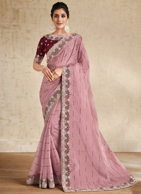 Beautiful Pink And Wine Embroidered Traditional Wedding Saree46
