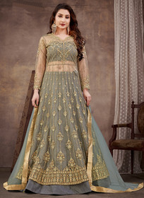 Beautiful Slate Grey Embroidery Wedding Anarkali Lehenga83