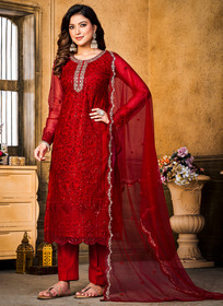 Beautiful Red Resham Thread And Sequence Embroidery Pant Style Suit96