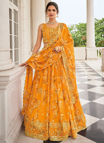 Beautiful Yellow Sequence Embroidery Floral Printed Lehenga Choli105