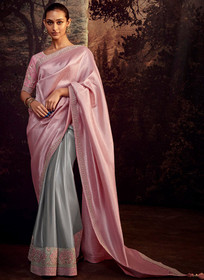 Beautiful Pink And Ice Blue Embroidered Organza Silk Saree