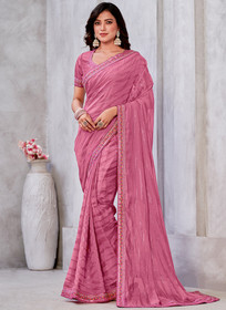 Beautiful Pink Mirror Work Embroidery Georgette Jacquard Saree