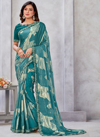 Beautiful Turquoise Stone Work Embroidery Georgette Jacquard Saree