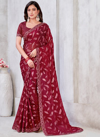 Beautiful Red Embroidery Georgette Jacquard Saree