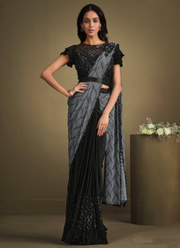 Beautiful Black And Grey Sequence Embroidery Designer Saree